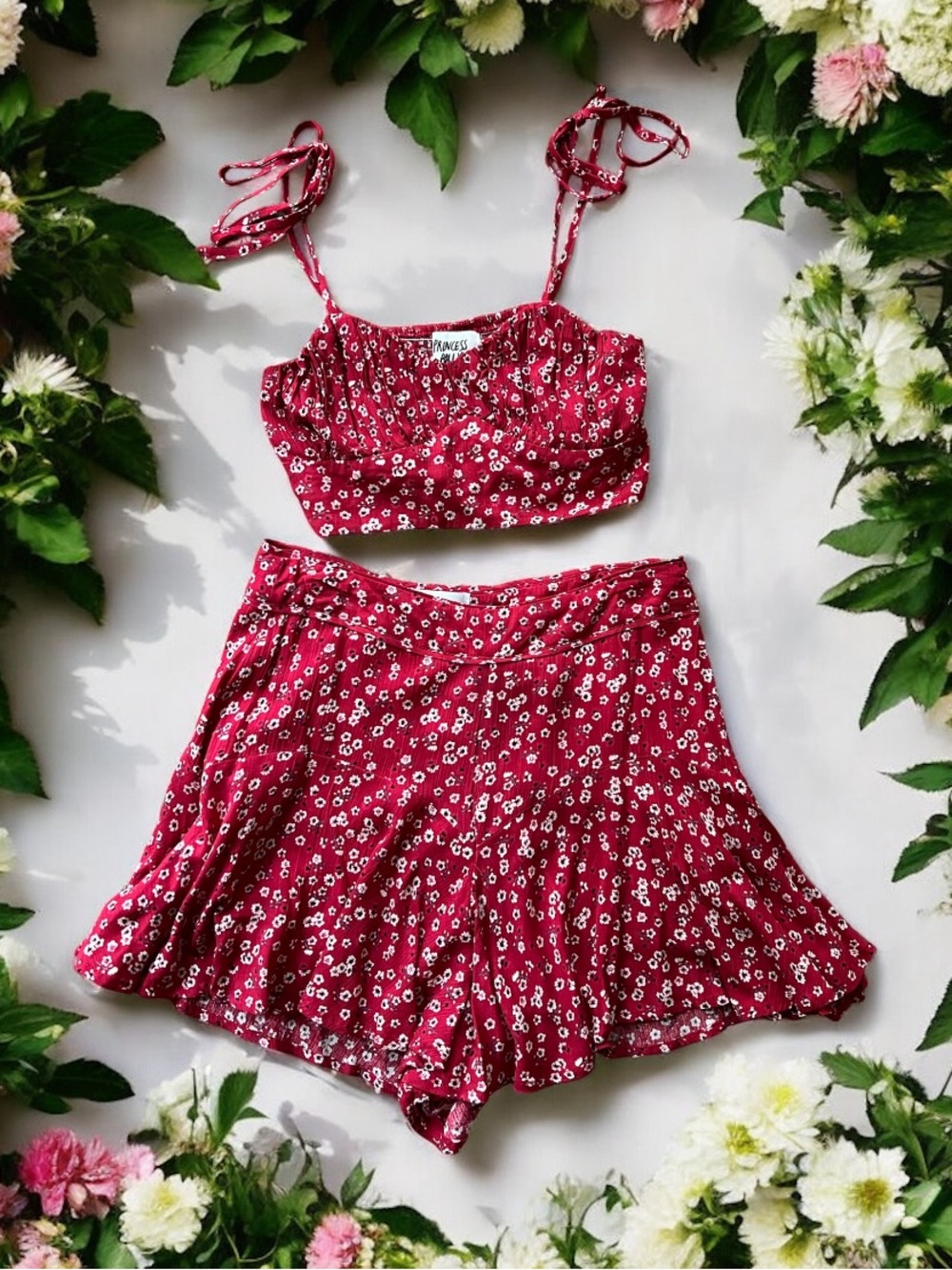 Princess Polly sz 4 Floral Tie-Shoulder Red Skort..